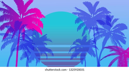 Palms silhouettes at neon sunset sky. Vector futuristic synthwave/ vaporwave style illustration. Rave party Flyer design template in 1980s style, aesthetics of retro futurism.