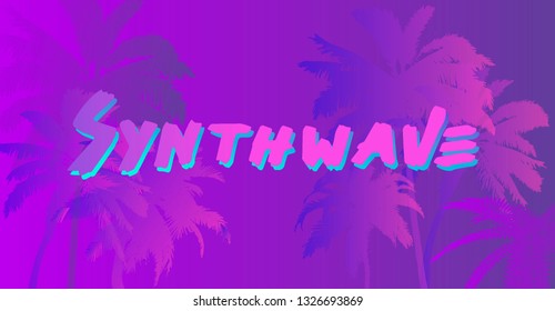 Palms silhouettes at neon viol sunset sky. Vector futuristic synthwave/ retrowave style illustration in neon colors. Rave party Flyer design template in 1980s-1990s style, aesthetics of retrofuturism.