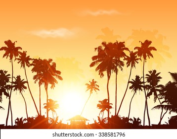 Palms silhouettes at orange sunset sky, vector background