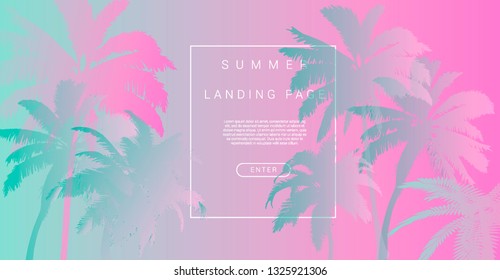 Palms silhouettes at pink gradient background. Vector futuristic synthwave/ vaporwave style illustration. Rave party Flyer design template in 1980s style, aesthetics of retro futurism.