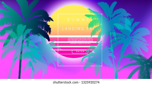 Palms silhouettes at pink sunset sky. Vector futuristic synthwave/ vaporwave style illustration. Rave party Flyer design template in 1980s style, aesthetics of retro futurism.