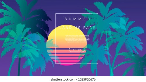 Palms silhouettes at pink sunset sky. Vector futuristic synthwave/ vaporwave style illustration. Rave party Flyer design template in 1980s style, aesthetics of retro futurism.