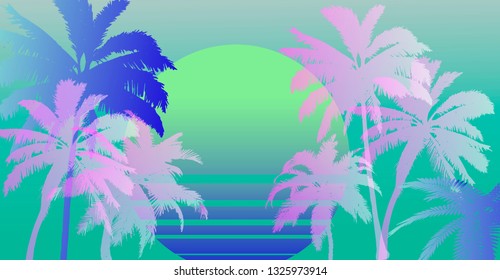 Palms silhouettes at pink sunset sky. Vector futuristic synthwave/ vaporwave style illustration. Rave party Flyer design template in 1980s style, aesthetics of retro futurism.