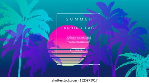 Palms silhouettes at pink sunset sky. Vector futuristic synthwave/ vaporwave style illustration. Rave party Flyer design template in 1980s style, aesthetics of retro futurism.