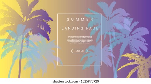 Palms silhouettes at pink sunset sky. Vector futuristic synthwave/ vaporwave style illustration. Rave party Flyer design template in 1980s style, aesthetics of retro futurism.