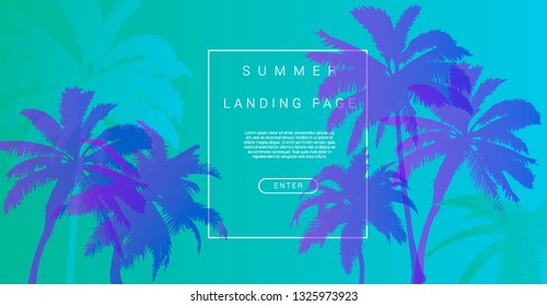 Palms silhouettes at pink sunset sky. Vector futuristic synthwave/ vaporwave style illustration. Rave party Flyer design template in 1980s style, aesthetics of retro futurism.