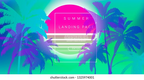 Palms silhouettes at pink sunset sky. Vector futuristic synthwave/ vaporwave style illustration. Rave party Flyer design template in 1980s style, aesthetics of retro futurism.