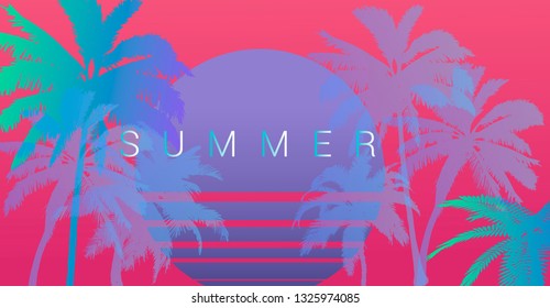 Palms silhouettes at pink sunset sky. Vector futuristic synthwave/ vaporwave style illustration. Rave party Flyer design template in 1980s style, aesthetics of retro futurism.