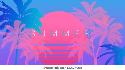 Palms silhouettes at pink sunset sky. Vector futuristic synthwave/ vaporwave style illustration. Rave party Flyer design template in 1980s style, aesthetics of retro futurism.