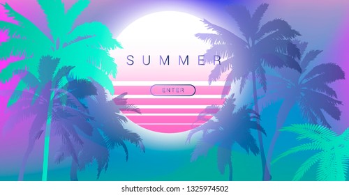 Palms silhouettes at pink sunset sky. Vector futuristic synthwave/ vaporwave style illustration. Rave party Flyer design template in 1980s style, aesthetics of retro futurism.