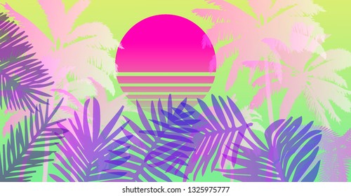 Palms silhouettes at pink sunset sky. Vector futuristic synthwave/ vaporwave style illustration. Rave party Flyer design template in 1980s style, aesthetics of retro futurism.