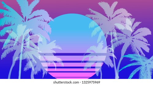 Palms silhouettes at pink sunset sky. Vector futuristic synthwave/ vaporwave style illustration. Rave party Flyer design template in 1980s style, aesthetics of retro futurism.