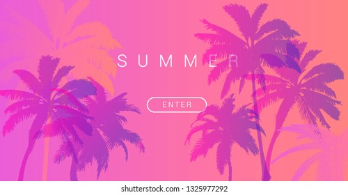 Palms silhouettes at pink sunset sky. Vector futuristic synthwave/ vaporwave style illustration. Rave party Flyer design template in 1980s style, aesthetics of retro futurism.