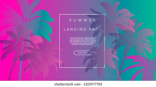 Palms silhouettes at pink sunset sky. Vector futuristic synthwave/ vaporwave style illustration. Rave party Flyer design template in 1980s style, aesthetics of retro futurism.