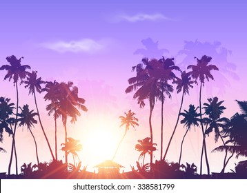 Palms silhouettes at purple sunset sky, vector background