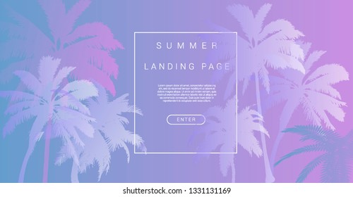 Palms silhouettes at sunset sky. Vector futuristic synthwave/ retrowave style illustration in neon colors. Rave party Flyer design template in 1980s-1990s style, aesthetics of retrofuturism.