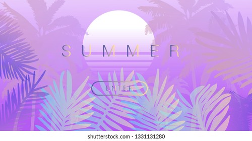 Palms silhouettes at sunset sky. Vector futuristic synthwave/ retrowave style illustration in neon colors. Rave party Flyer design template in 1980s-1990s style, aesthetics of retrofuturism.