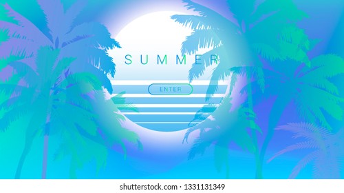 Palms silhouettes at sunset sky. Vector futuristic synthwave/ retrowave style illustration in neon colors. Rave party Flyer design template in 1980s-1990s style, aesthetics of retrofuturism.