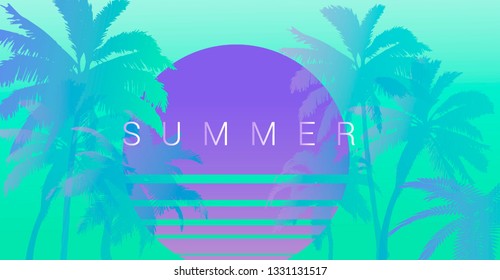 Palms silhouettes at sunset sky. Vector futuristic synthwave/ retrowave style illustration in neon colors. Rave party Flyer design template in 1980s-1990s style, aesthetics of retrofuturism.