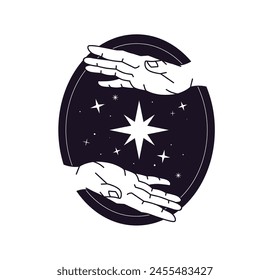 Palms and star on icon with rounded shape. Oval emblem of spiritual, esoteric, occult symbols. Hands gesture in magic space. Astrology, meditation monochrome decor. Flat isolated vector illustration