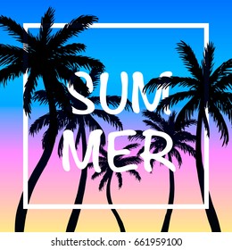 Palms summer cover frame banner, art design signboard. Vector illustration