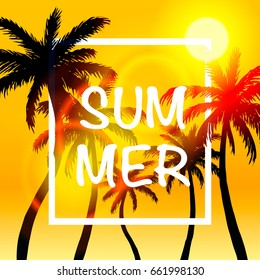 Palms summer cover frame banner, art design signboard. Vector illustration