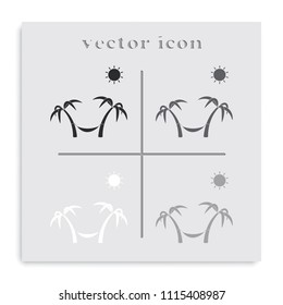 Palms, sun and hammock flat black and white vector icon.