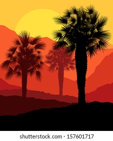 Palms and sun, tropical sunset vector background landscape