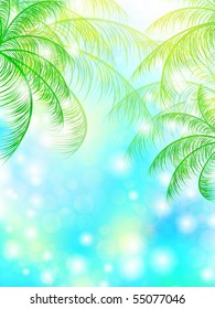 palms in sunlight over blue bright sky, copyspace for your text