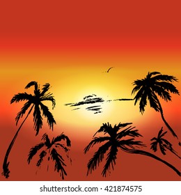palms and sunset vector background for text, tourism, leisure, summer, tropical countries