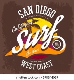 Palms as surf beach emblem or sign. Sportswear branding and cloth print for Los Angeles shores, California t-shirt labels and print design. Tropical and surfer, vacation and water sport, travel theme