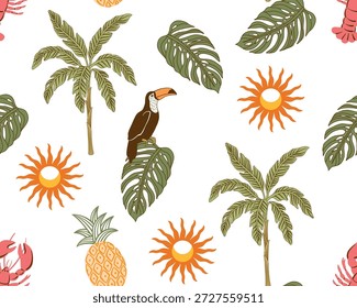 Palmeras, tucán, sol, hoja de monstruo, langosta, fruta de piña en los marcos sin patrón. Fondo de pantalla boho de verano.