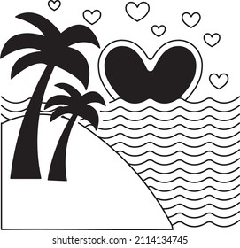 Palms Tree and Sea Scene Line Art. Island of Love Valentine's Day Icon. Romantic Love Symbol. Heart Sunset.