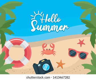 palms trees with float and crab with starfishes and camera in the beach
