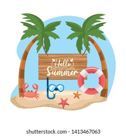 palms trees with float and snorkel masks with crab