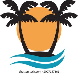 Palms trees with ocean waves and sunset. Vector illustration.