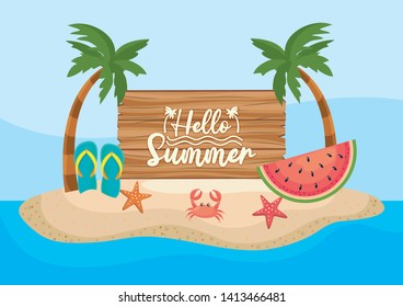 palms trees with wood emblem and watermelon with flip-flop and crab with starfishes