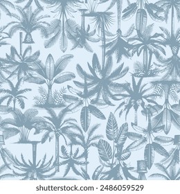 Palms Tropical Seamless Pattern, Oriental Palm Trees Wallpaper, Exotic Plants Beach Blue on light blue Background, Linear Jungle, All over print