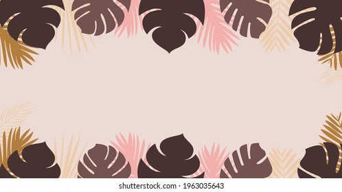Palms Vector template with copy space in flat design Cute monstera leaves and tropical plants on light pink background