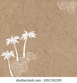 Palms and waves. Summer illustration with place for text on kraft paper.Corner composition. Greeting card, invitation or isolated elements for design.