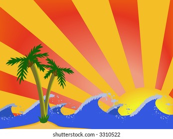 palms, waves and sunset