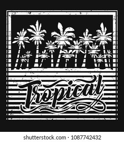 Palms white grunge silhouette in frame with solid background. Vector illustration design poster.