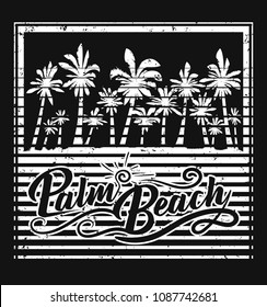 Palms white grunge silhouette in frame with solid background. Vector illustration design poster.
