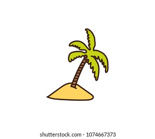 Palmtree illustration. Vector hand drawn doodle of a tropical palm tree in the sand. Island beach icon with a exotic tree