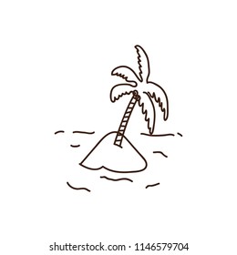 Palmtree illustration. Vector hand drawn doodle of a tropical palm tree in the sand. Island beach icon with a exotic tree	
