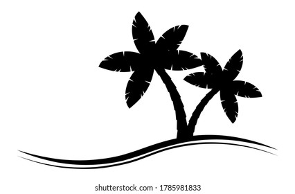 Palmtree silhouette graphic emblem isolated on white. Black-and-white palm tree pictogram with copy space. Illustration of tropical palm scenery for vacations at maldives, bahamas or hawaii.