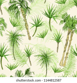 Palmtrees Seamless Pattern. Green coconut or queen palm trees with leaves. Beach and rainforest, desert coco flora. Foliage of subtropical fern. Green palmae or jungle arecaceae. Fashion Botany