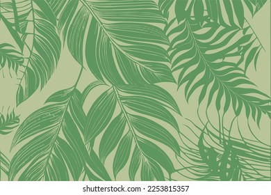 Palmtrees Seamless Pattern. Green coconut or queen palm trees with leaves. Beach and rainforest, desert coco flora. Foliage of subtropical fern. Green palmae or jungle arecaceae. Fashion Botany