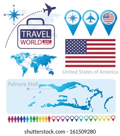 Palmyra Atoll. United States of America. flag. World Map. Travel vector Illustration.