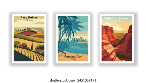 Cañón Palo Duro, Parque Estatal, Ciudad de Panamá, Florida, Paso Robles, California - afiche de viaje de Antiguas. Ilustración vectorial. Impresiones de alta calidad